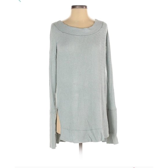 Free People Kate Thermal Waffle Tunic Sweater Off The Shoulder Top Sea Mist Sz S - Picture 5 of 9